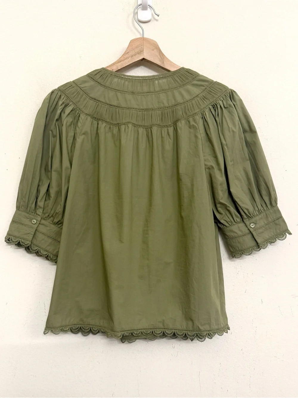NWT Ulla Johnson Dylan Pintuck Peasant Blouse in Olive Green Size 4